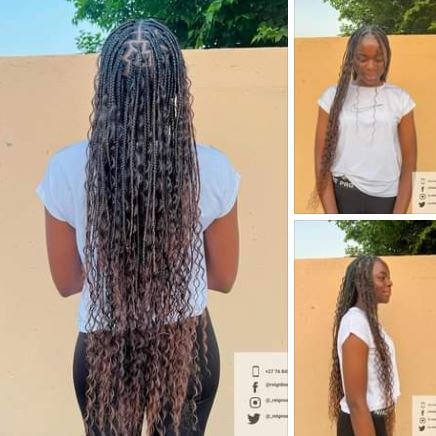 Bohemian/goddess knotless braids in small width and classic length  R700 incl hairpiece 076 843 5931 Bryanston | Cosmo City | Randburg | Fourways | Sandton | Rosebank | North Riding | Rivonia Our prices include the price of the hairpiece. A deposit of R150…